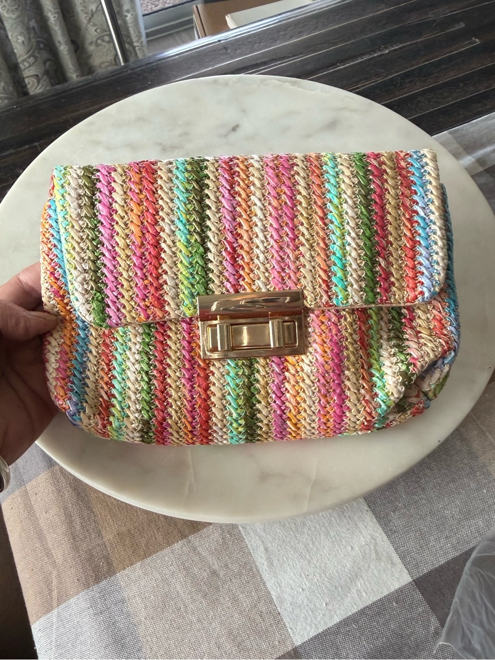 Multicolor Woven Straw Clutch/Crossbody with Removable Chain NEW